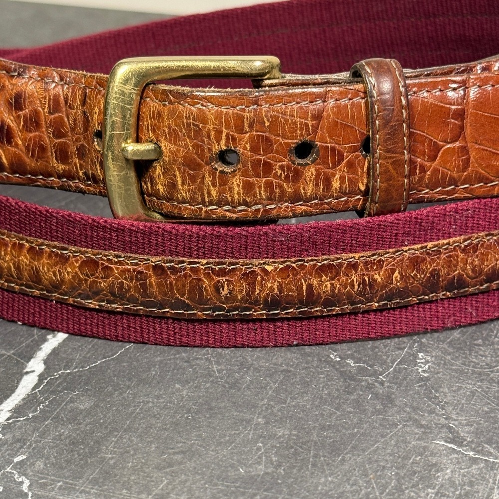 Mens Torino Leather Canvas Belt | Size 44 | Burgundy Brown Alligator Embossed